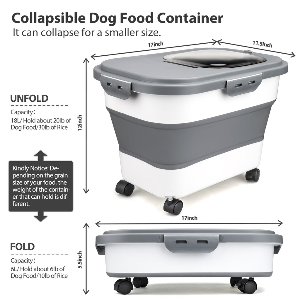 Viretec Dog Food Storage Container, 10-20Lbs Collapsible Pet Food Storage Containers with Rolling Wheel Airtight Locking Lid, Dry Food Storage Bin with Cup and Scoop,Suitable for Pet Food, Flour, Rice