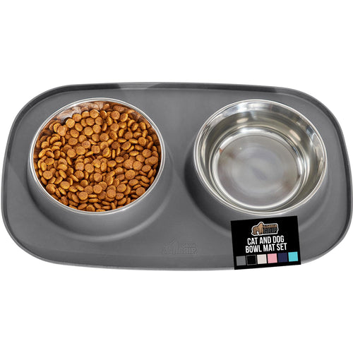 GORILLA GRIP Dog Bowl Set with Slip Resistant Silicone Feeding Mat, 3 Cup, Food Grade 304 Stainless Steel Bowls, BPA Free, High Edge Spill Containment, Dishwasher Safe, Finger Notch Removal, Beige