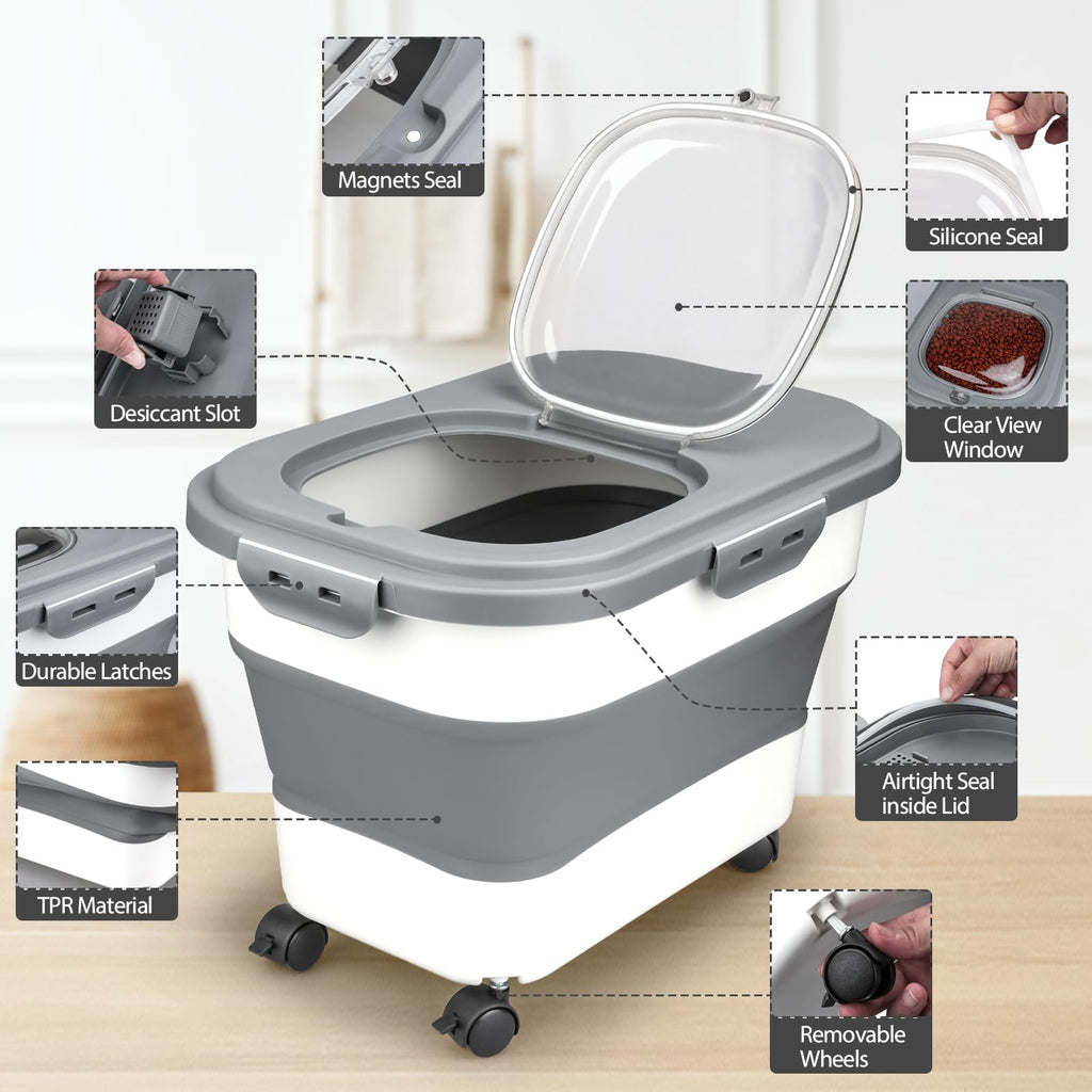 Viretec Dog Food Storage Container, 10-20Lbs Collapsible Pet Food Storage Containers with Rolling Wheel Airtight Locking Lid, Dry Food Storage Bin with Cup and Scoop,Suitable for Pet Food, Flour, Rice