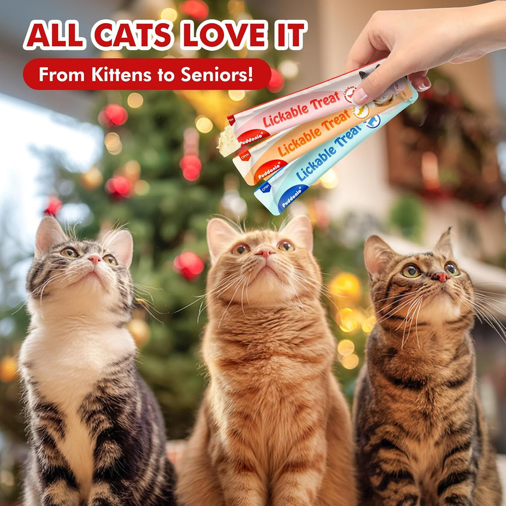 Lickable Cat Treats, High-Meat Puree, Grain & Gum Free, 20 Count | Three flavors—chicken, beef, and salmon—in twenty 0.5 oz tubes; high-meat puree for treating, topping, or hand feeding